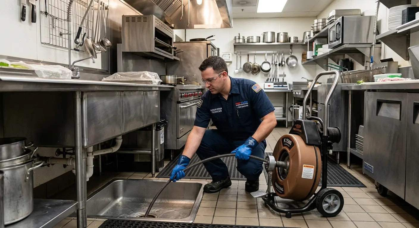 Commercial drain cleaning service in a restaurant kitchen in Elm Grove