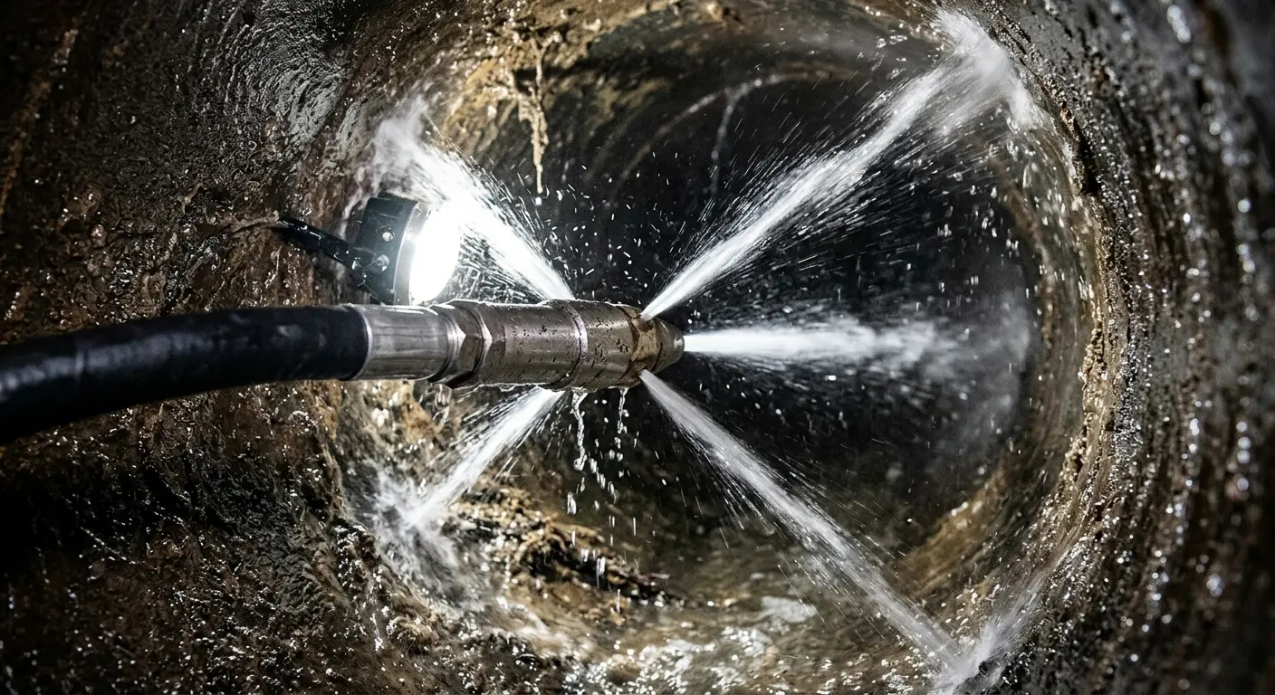 High-pressure hydro jetting nozzle cleaning sewer pipe for Trenchless Sewer Repair in Elm Grove