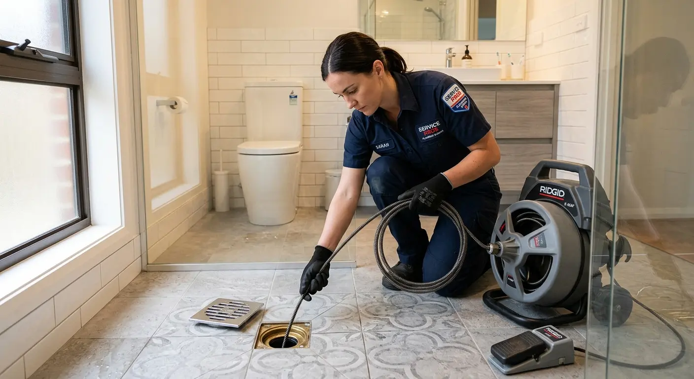 Technician clearing a bathroom floor drain for Drain Repair in Elm Grove